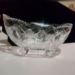 Bohemian Cut Glass Lead Crystal Footed‎ Oblong Bowl Sawtooth Edge Daisy Etched